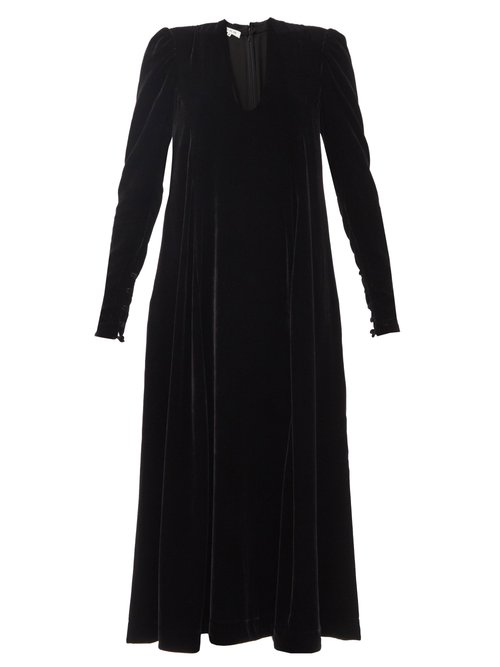 Fil De Vie - Virginia Plunge-neck Velvet Midi Dress Black