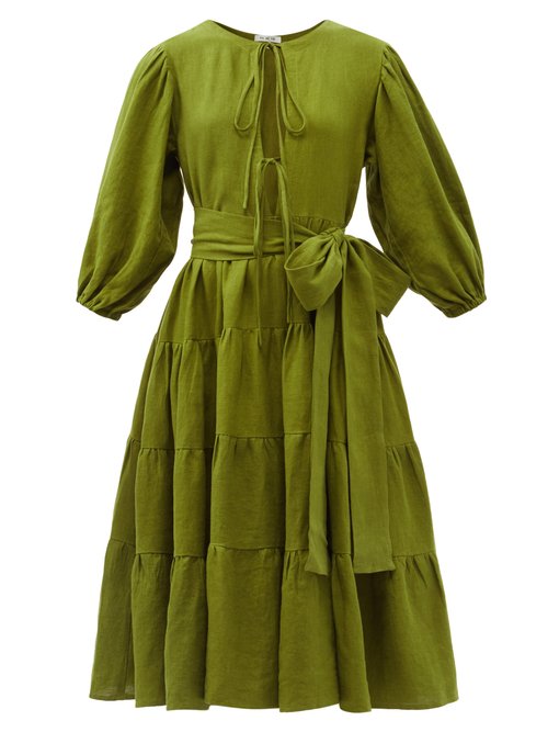 Fil De Vie - Medina Tiered Linen Dress Green