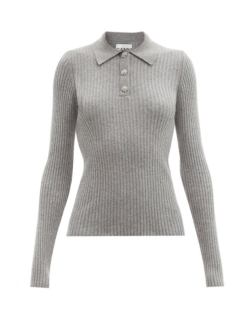 Ganni - Crystal-button Ribbed Recycled-fibre Polo Sweater Grey