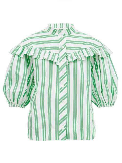 Ganni - Ruffled Striped Organic-cotton Poplin Shirt Green White