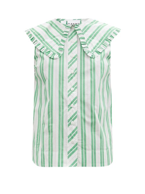 Ganni - Ruffled-collar Sleeveless Cotton-poplin Shirt Green White