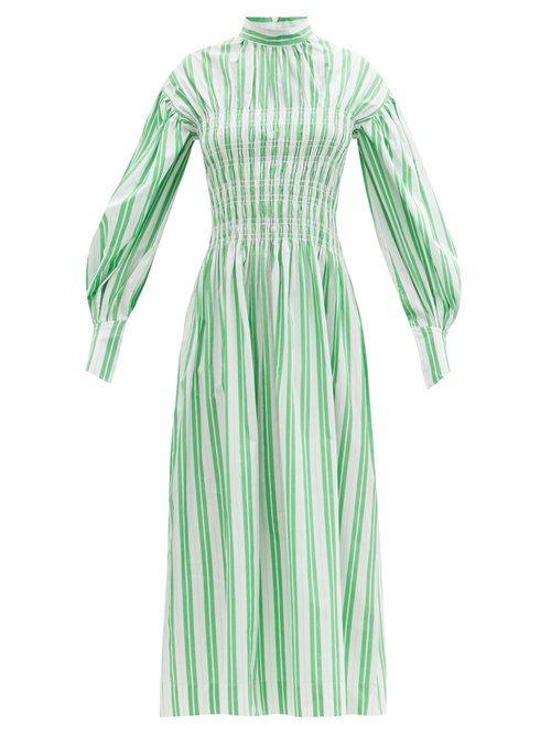 Ganni - Smocked-bodice Striped Cotton-poplin Midi Dress Green White