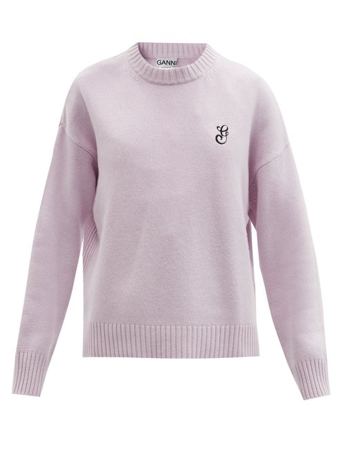 Ganni - Logo-embroidered Wool-blend Sweater Light Pink