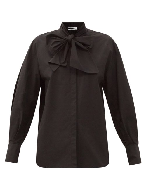 Another Tomorrow - Oversized Tie-neck Organic-cotton Poplin Shirt Black