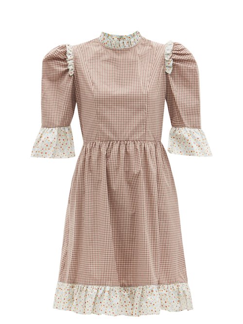 Batsheva - Gingham-check Ruffled Cotton-twill Dress Brown Multi