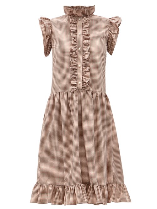 Batsheva - Claude Low-waist Ruffled Gingham Cotton Dress Brown