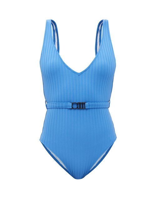 Solid & Striped - The Michelle Belted Ribbed Swimsuit Blue Beachwear