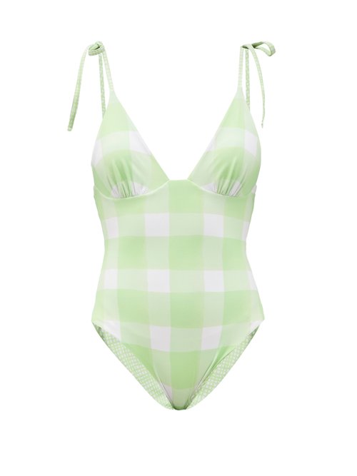 Solid & Striped - The Olympia Reversible Check Swimsuit Green White Beachwear