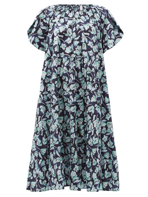 Merlette - Alegre Tiered Floral-print Cotton-poplin Sun Dress Blue