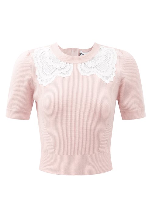 Self-portrait – Lace-insert Knitted Top Light Pink