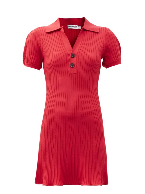 Self-portrait - Puff-sleeve Rib-knit Polo Mini Dress Red