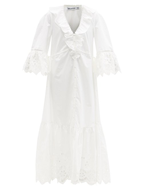 Buy Self-portrait - Fluted-sleeve Cotton Broderie-anglaise Maxi Dress White online - shop best Self-Portrait clothing sales