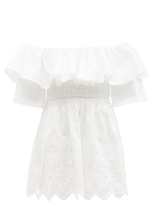 Self-portrait - Off-the-shoulder Embroidered Cotton Mini Dress White
