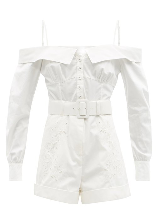 Self-portrait - Off-the-shoulder Embroidered Cotton Playsuit White
