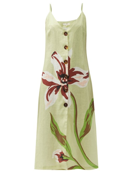 Buy Cala De La Cruz - Luisa Floral-print Linen Midi Dress Green Multi online - shop best Cala de la Cruz clothing sales