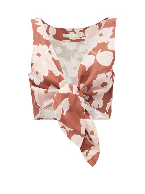 Cala De La Cruz - Lola Tie-front Floral-print Linen Cropped Top Brown Print