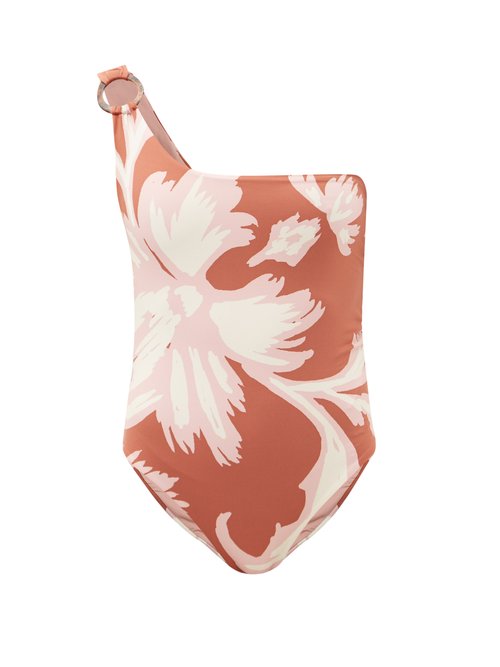 Cala De La Cruz – Cora One-shoulder Floral-print Swimsuit Brown Print Beachwear