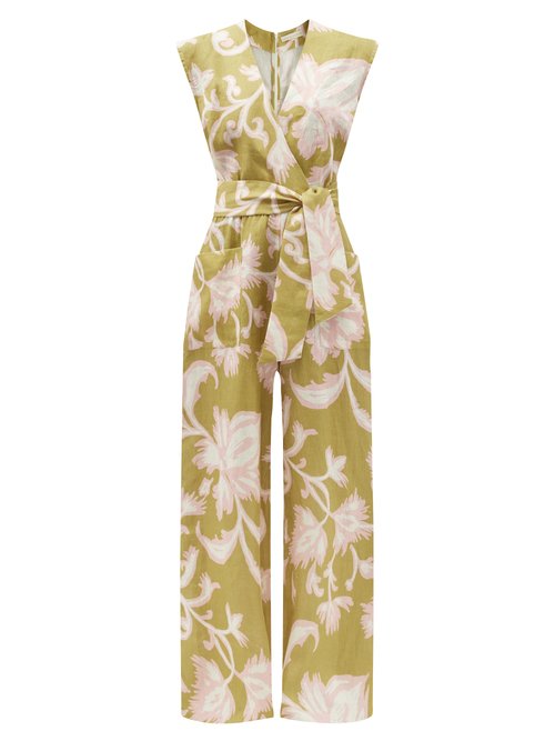 Cala De La Cruz - Madeline Floral-print Linen Wide-leg Jumpsuit Green Multi