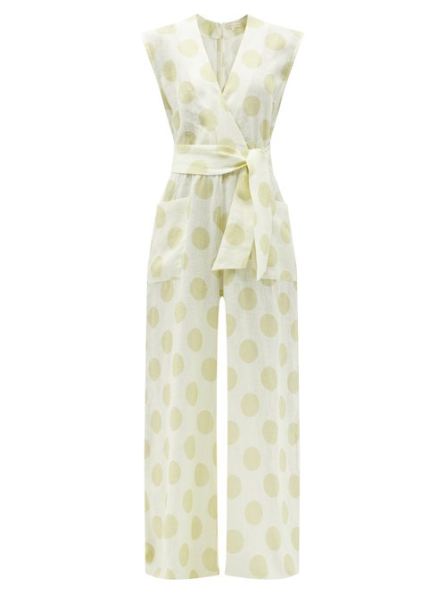 Buy Cala De La Cruz - Madeline Polka-dot Linen Wide-leg Jumpsuit White Multi online - shop best Cala de la Cruz jumpsuits