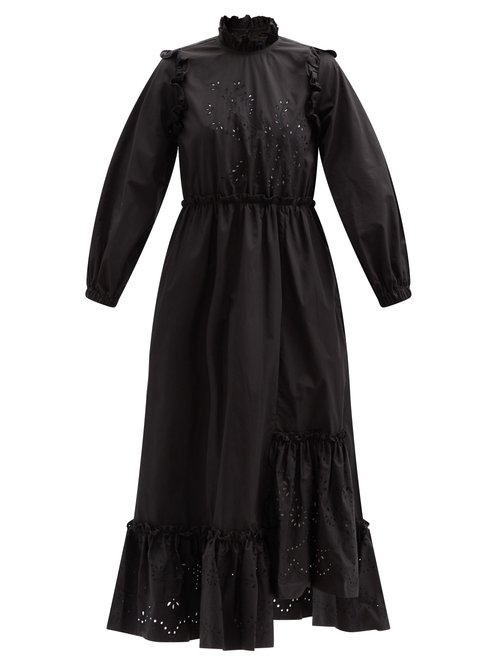 Biyan - Ammon Asymmetric Broderie-anglaise Cotton Dress Black