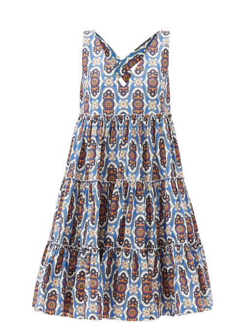 La DoubleJ - Babe Amalfi-print Cotton-blend Cropped Dress Blue Multi
