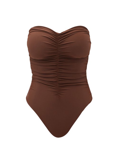 Jade Swim - Yara Ruched Strapless Swimsuit Brown Beachwear