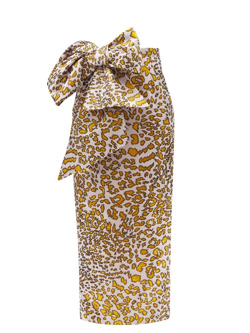 Halpern - Bow-embellished Leopard-jacquard Linen-blend Dress Black Gold