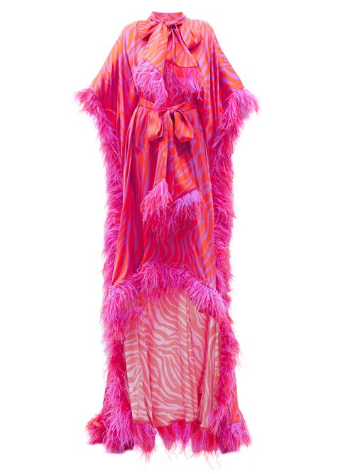 Halpern – Zebra-stripe Feather-trimmed Satin Gown Pink Print