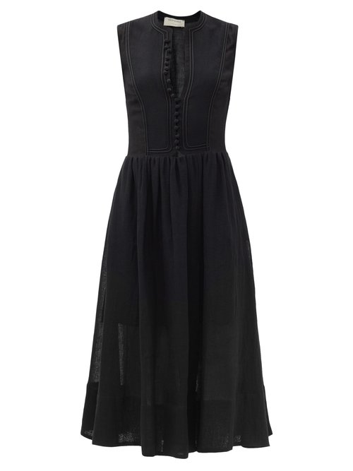 Zeus + Dione - Fermeli Buttoned-bodice Linen-blend Midi Dress Black
