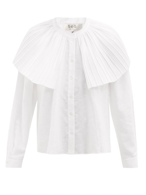 Sea BAILEY BROOMSTICK PLEATED LINEN-BLEND BLOUSE