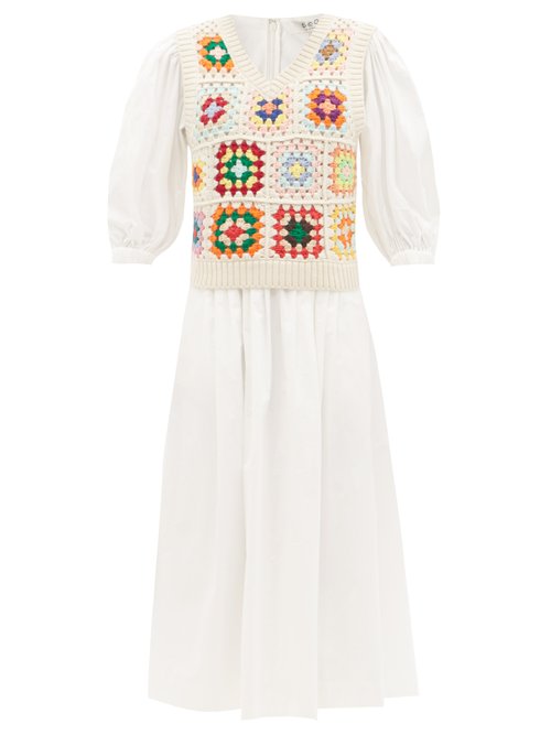 Sea - Gabriela Crocheted-vest Cotton-blend Midi Dress White Multi