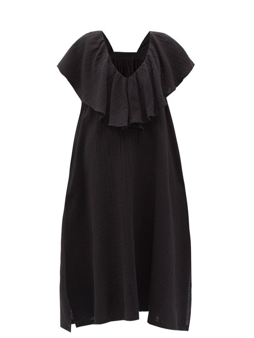 Anaak - Brigitte Ruffled V-neck Cotton Dress Black