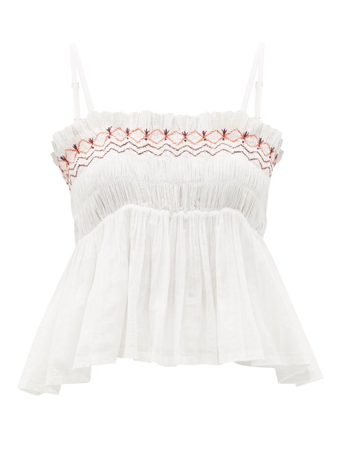 Anaak - Rosa Embroidered Smocked Cotton-voile Top White