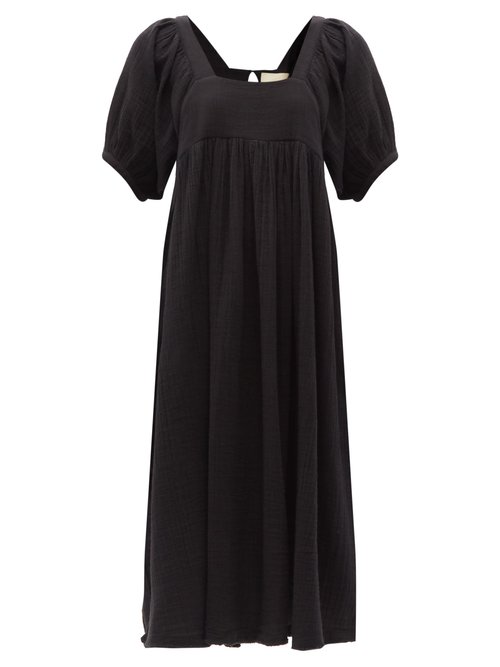 Anaak - Brigitte Square-neck Cotton-muslin Midi Dress Black