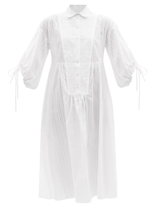 Evi Grintela - Balloon-sleeve Striped Cotton Shirt Dress White