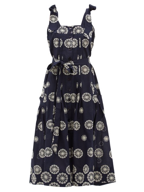 Evi Grintela - Floral-embroidered Cotton Midi Dress Navy