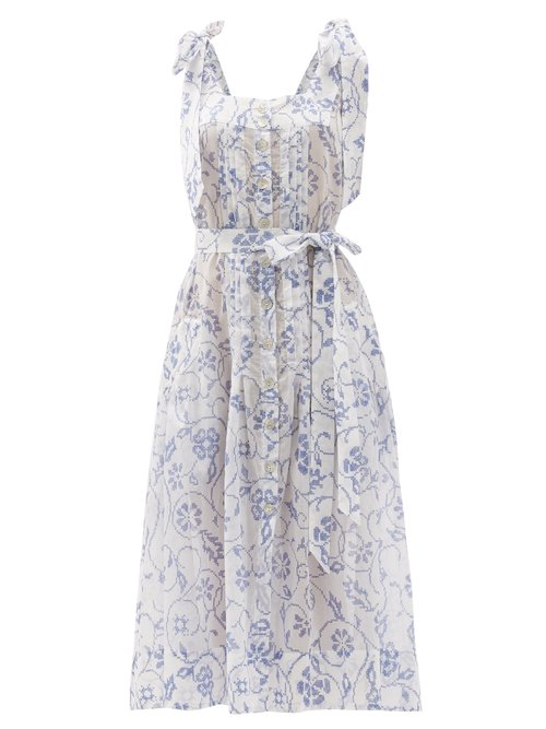 Evi Grintela - Floral-print Cotton Midi Dress White Print