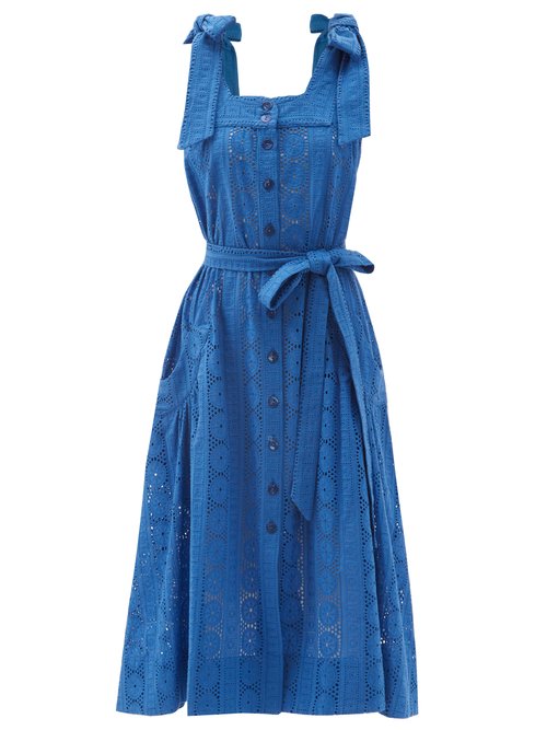 Evi Grintela - Square-neck Broderie-anglaise Cotton Midi Dress Blue
