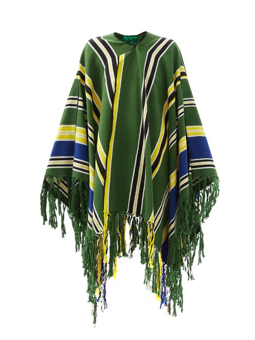 Colville - Tasselled Striped Cotton-canvas Poncho Green