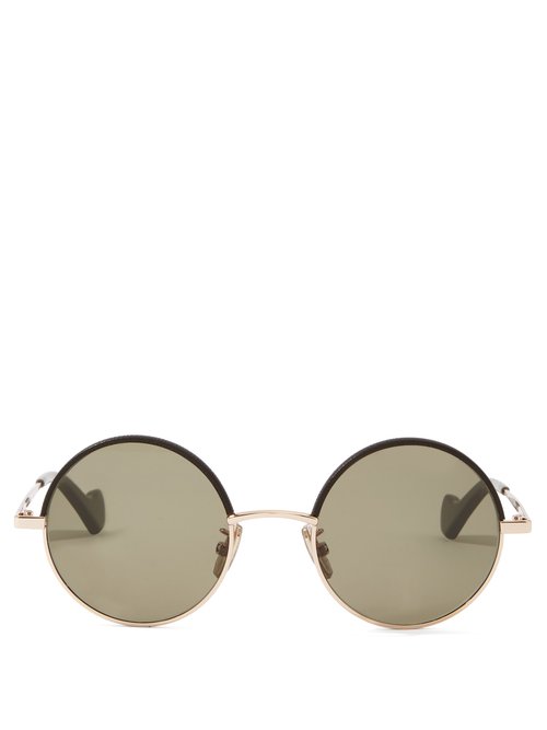 Loewe - Leather-rim Round Metal Sunglasses - Womens - Brown