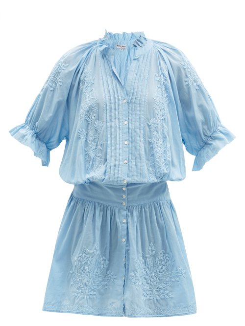 Juliet Dunn - Floral-embroidered Cotton Mini Dress Blue