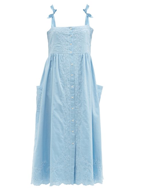 Juliet Dunn - Tie-shoulder Floral-embroidered Cotton Dress Blue