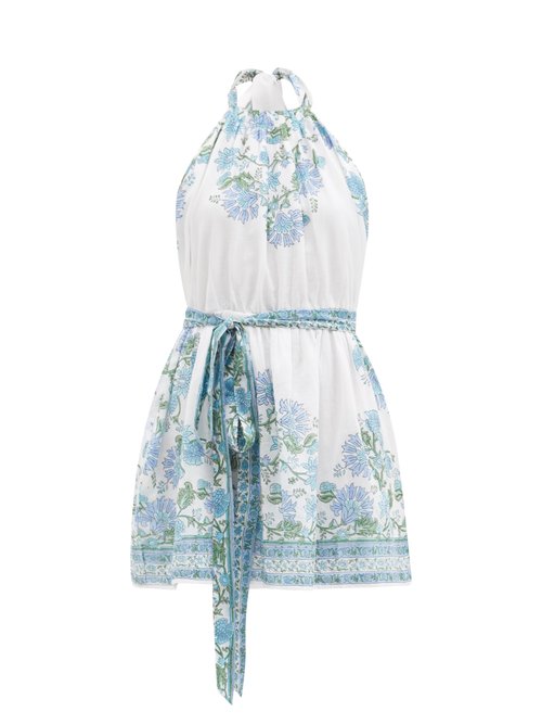 Juliet Dunn - Rose-print Belted Halterneck Cotton Dress Blue White
