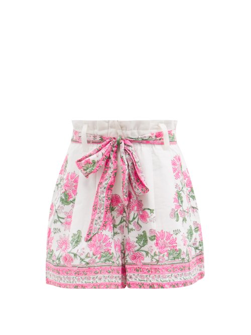 Juliet Dunn - Paperbag-waist Floral-print Cotton Shorts Pink White Beachwear