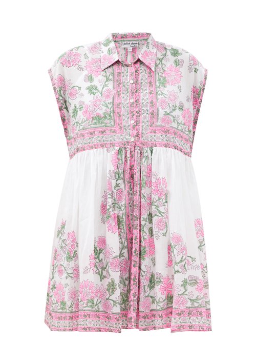Juliet Dunn - Cap-sleeve Floral-print Cotton Mini Shirt Dress Pink White