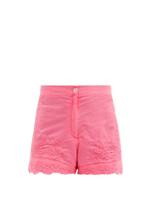 Juliet Dunn - Floral-embroidered High-rise Cotton Shorts Pink Beachwear