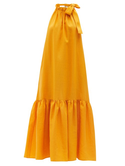 Asceno - Ibiza Tie-halterneck Linen Maxi Dress Yellow