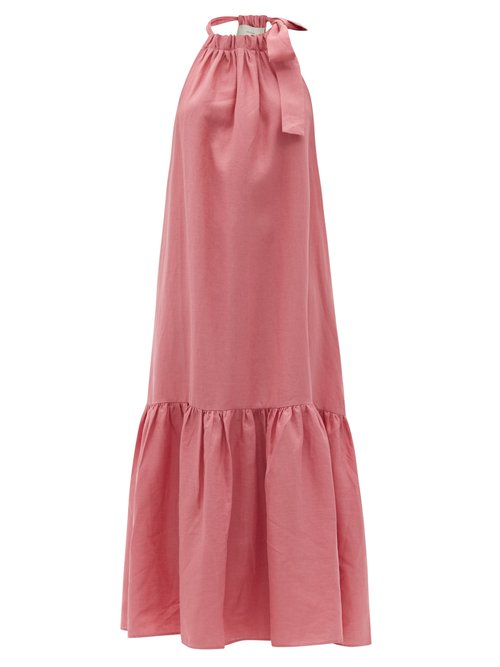 Asceno - Ibiza Tie-halterneck Linen Maxi Dress Dusty Pink