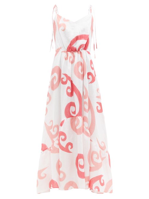 Themis Z - Peacock-print Linen-poplin Maxi Dress Pink Multi