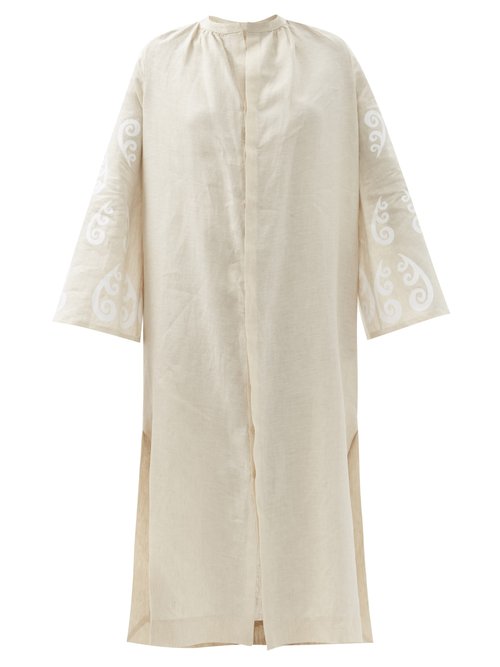 Themis Z - Peacock-print Linen Shirt Dress Beige